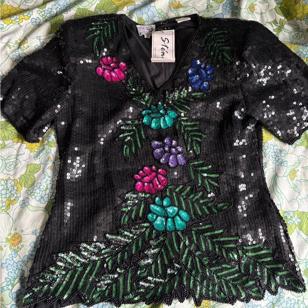 Vtg Stenay Black Multi Color Floral Silk Beaded Sequin Evening Blouse Top Size S